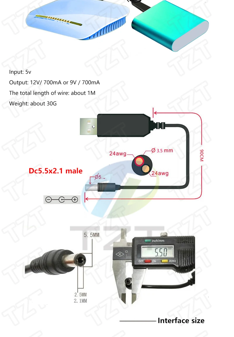 USB WIFI Power WIFI router with USB DC 5V to 12V Step UP Module USB Converter Adapter Router Cable 2.1x5.5mm Plug