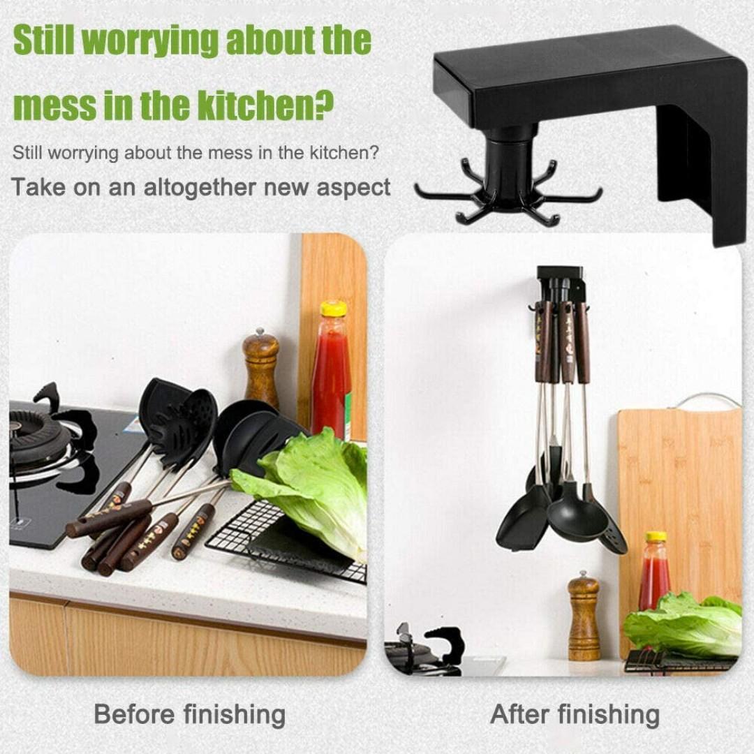 Multifunction Adhesive Rotating Hook Organizer With 6 Swivel Arms For Kitchen Cabinet