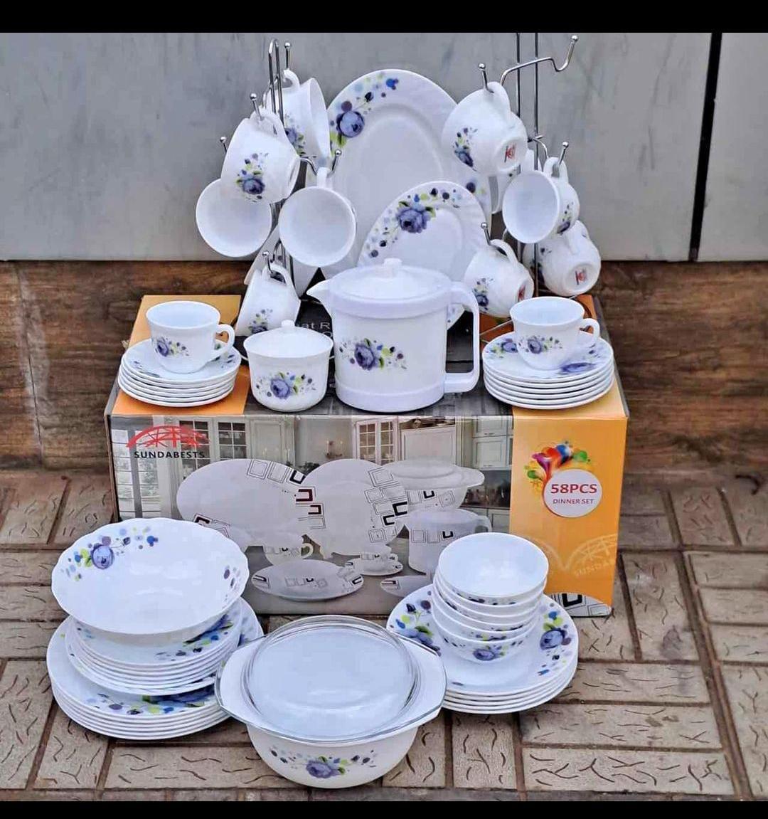 SUNDABEST 58 PCS CERAMIC DINNER SET - 20 plates 12 tea cups, 12 saucers, 1 soup bowl and 6 small bowls, 1 tea pot, 1 milk pot, 2 lids, 1 sugar dish and lid .