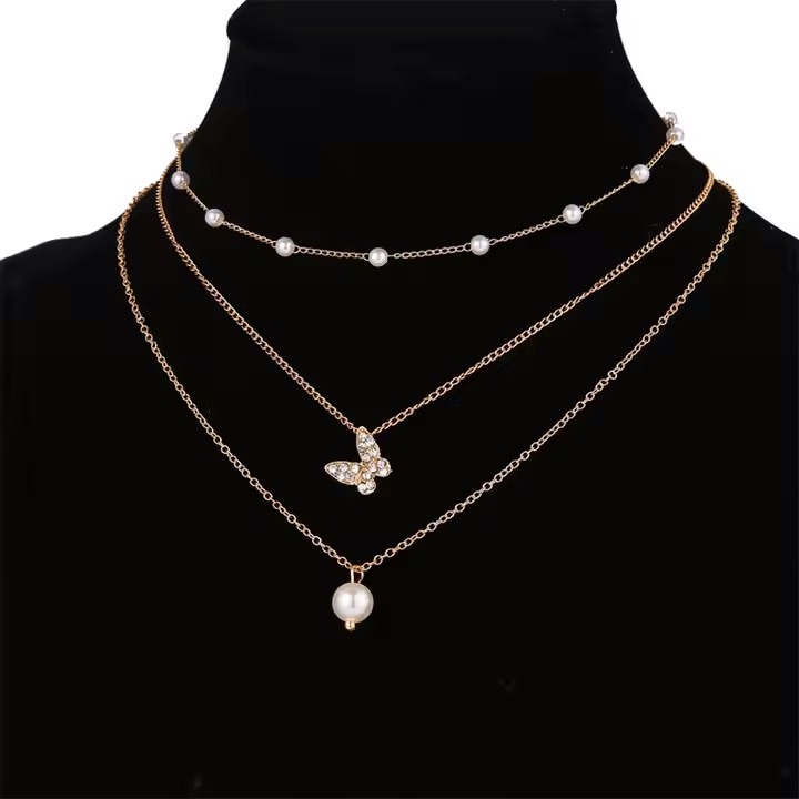 Trendy Multilayer Gold Chain Pearl Charm Necklace Crystal Butterfly Pendant Necklace For Women Girls