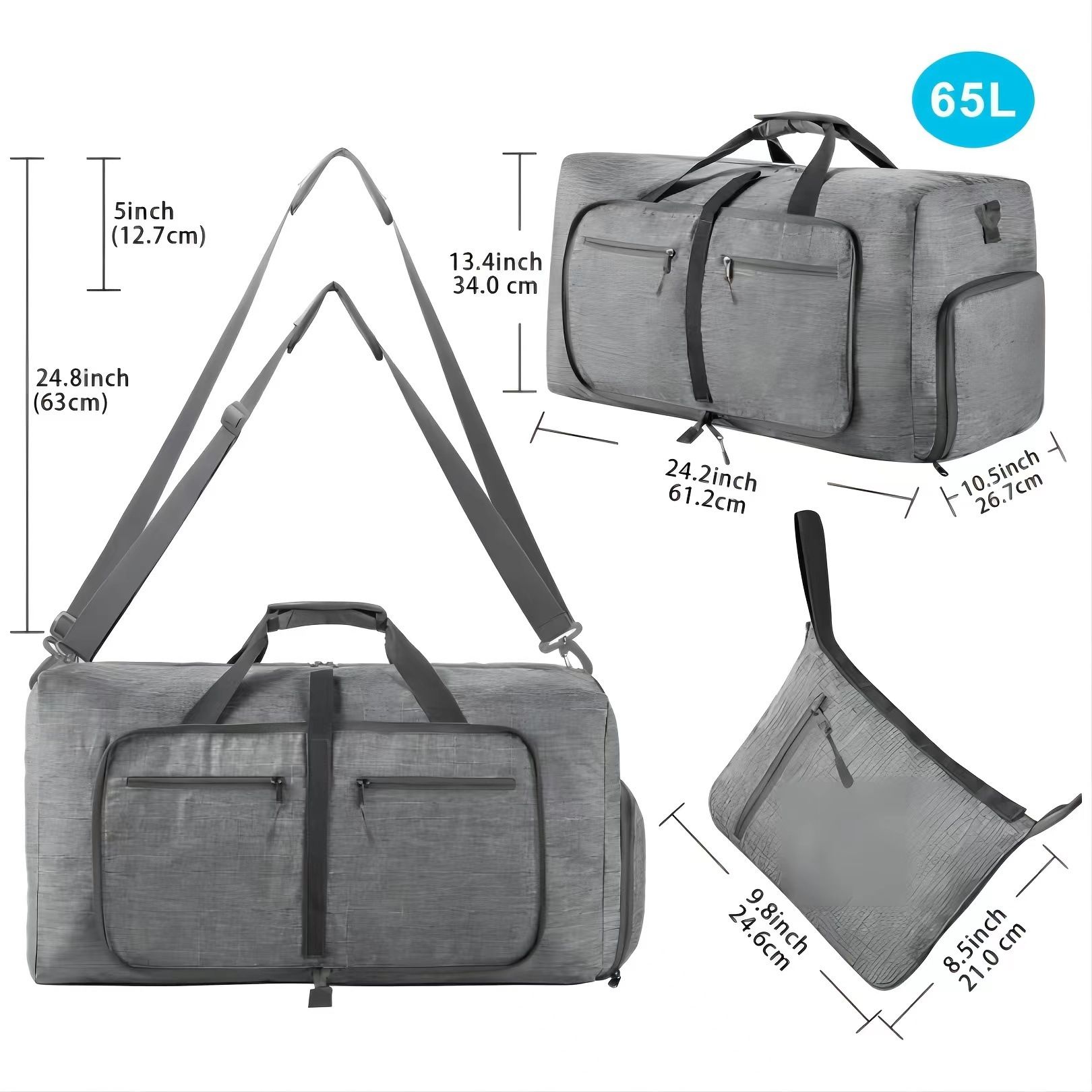 Lightweight traveling bag Foldable Sports Luggage Waterproof Duffel Bag 65L large capacity Women Men Adjustable Strap Shoe Compartment Travel Bags Gym Bag