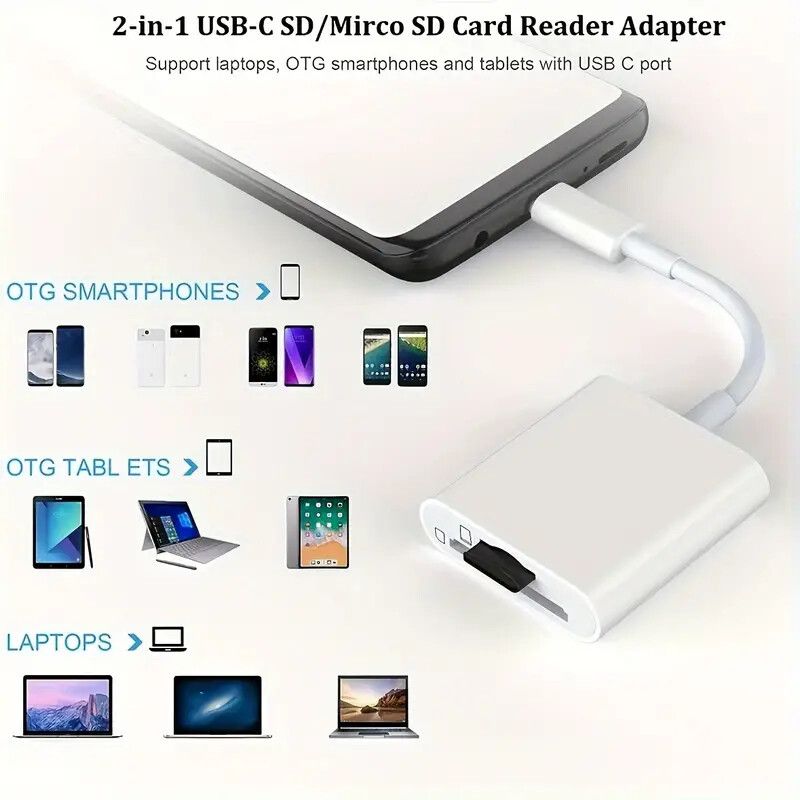 Type-C To SD Card Reader 2 In 1 Double Slot Type-C To SD/TF Card Camera Memory Card Reader Adapter For Android Phone/Tablet, Fast Transfer Photo Video