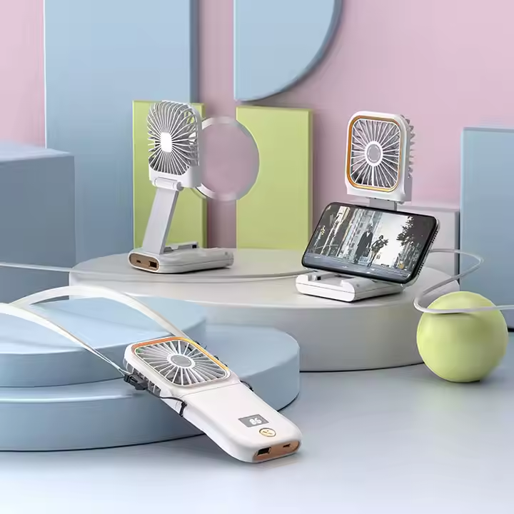 3 in 1 Portable Power Bank with foldable mini USB cooling neck fan & Phone Stand USB Rechargeable Cool Handheld Fans