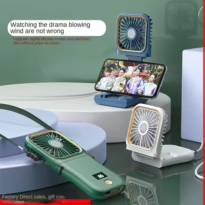 3 in 1 Portable Power Bank with foldable mini USB cooling neck fan & Phone Stand USB Rechargeable Cool Handheld Fans