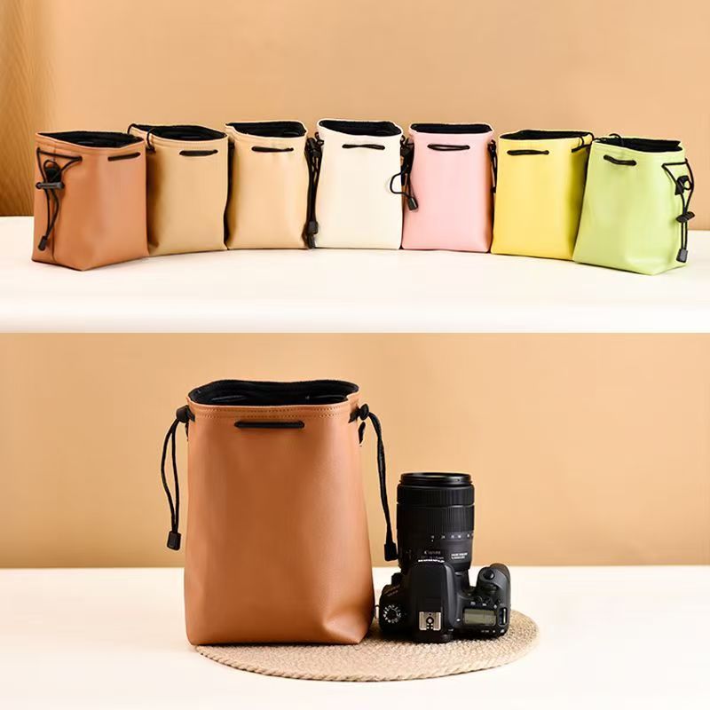 High Quality PU Leather Lens Drawstring Pouch Bag Waterproof Dust Proof Instant Camera Pouch