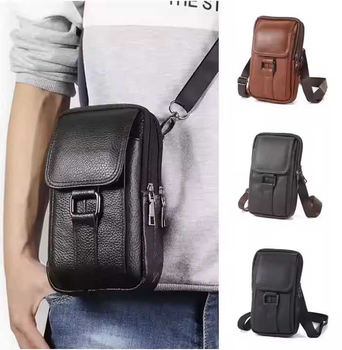 Men's PU Leather Waist Bag Crossbody Bags Mobile Belt Clip Wallet Case Cell Phone Holster Men Purse with Shoulder Strap