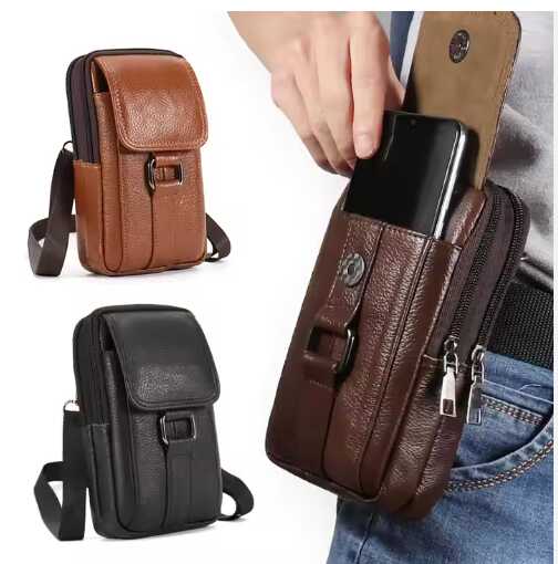 Men's PU Leather Waist Bag Crossbody Bags Mobile Belt Clip Wallet Case Cell Phone Holster Men Purse with Shoulder Strap