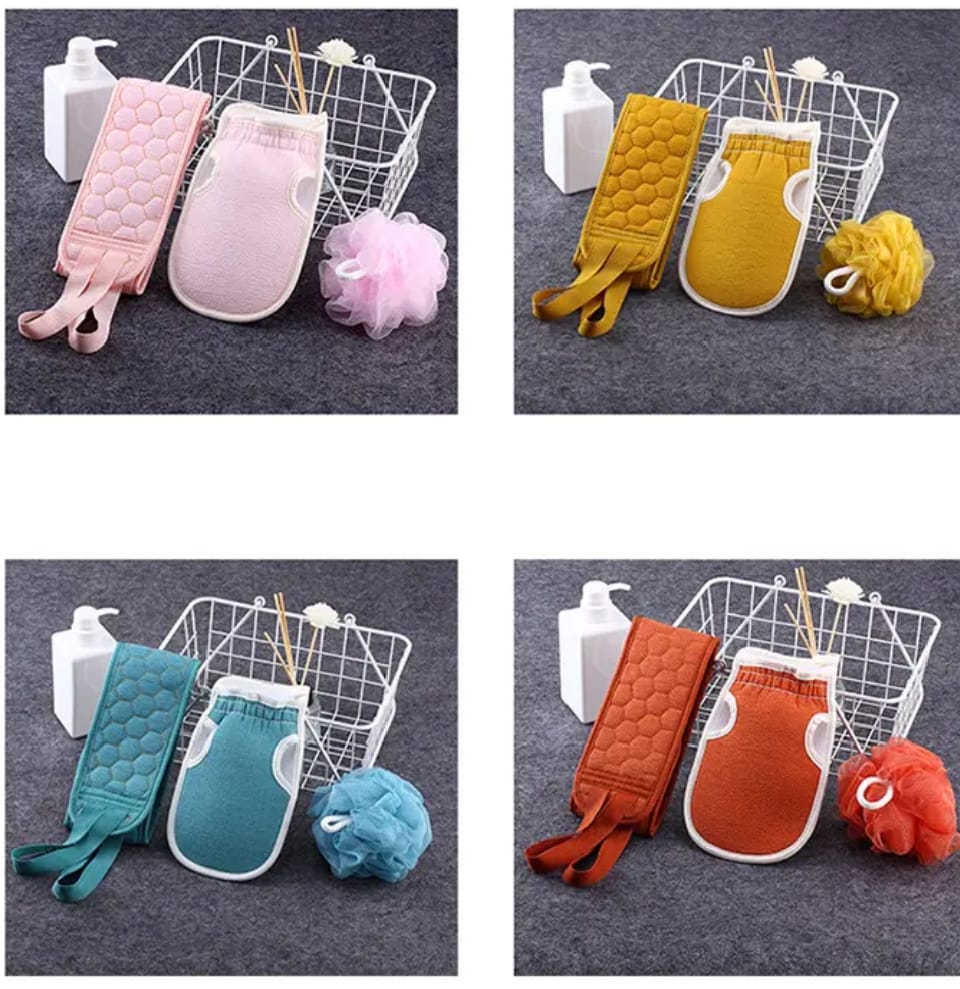 3pcs Exfoliating Bath Set, Exfoliating Gloves, Bath Flower, Back Scrubber, Bath Shower Loofah Sponge, Bathroom Accessories