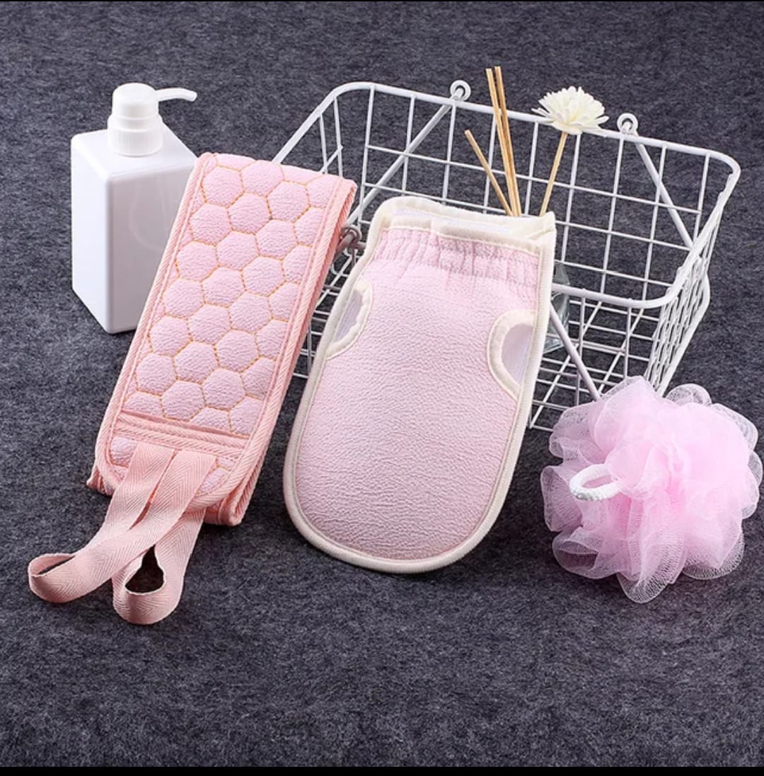 3pcs Exfoliating Bath Set, Exfoliating Gloves, Bath Flower, Back Scrubber, Bath Shower Loofah Sponge, Bathroom Accessories