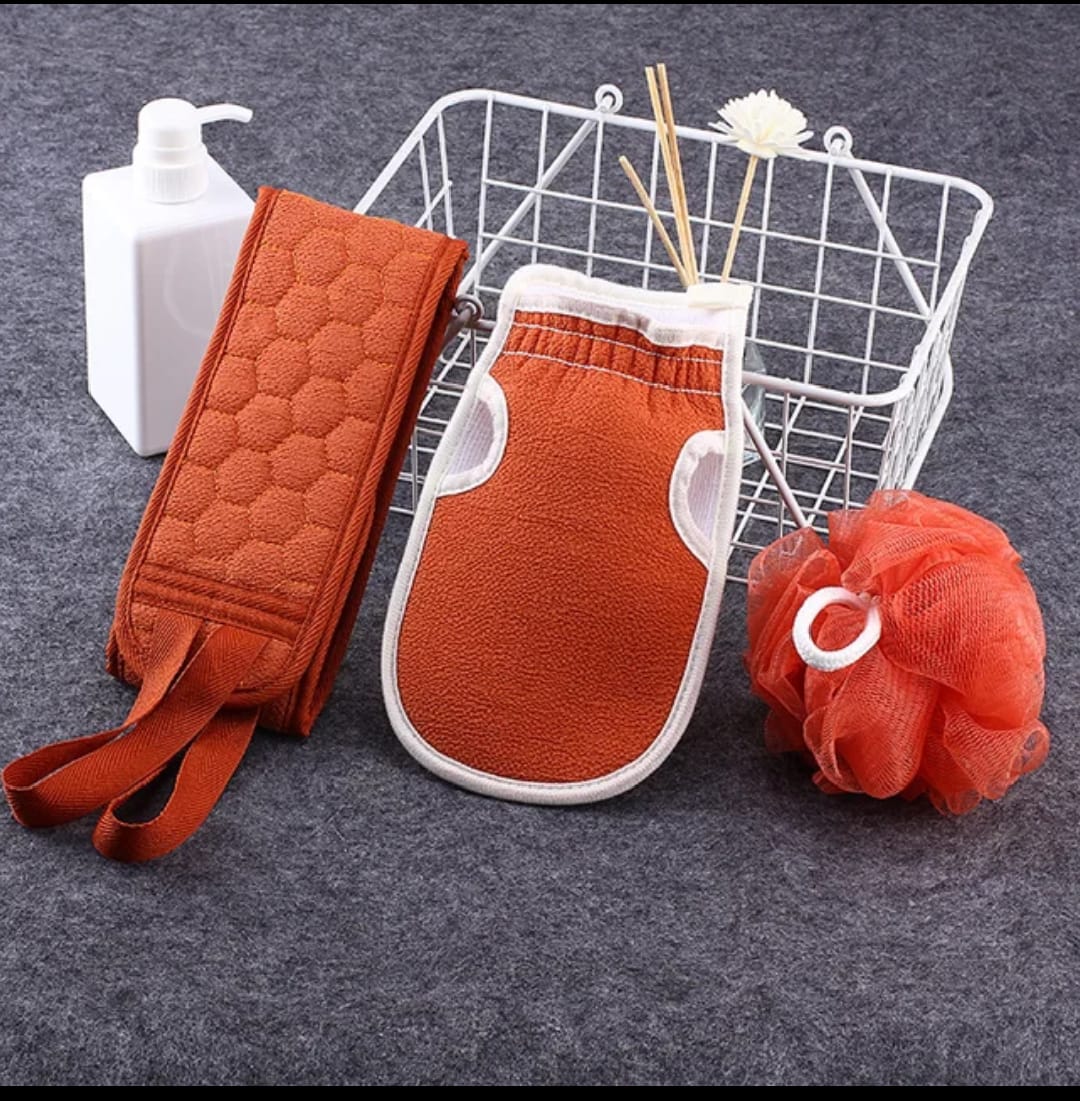 3pcs Exfoliating Bath Set, Exfoliating Gloves, Bath Flower, Back Scrubber, Bath Shower Loofah Sponge, Bathroom Accessories