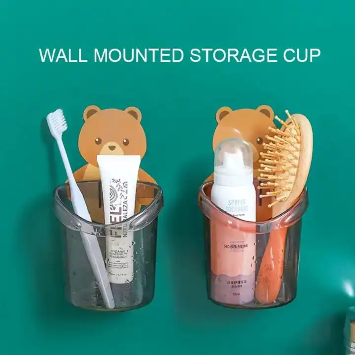 2Pcs Bear Shaped Toothbrush Holder Bathroom Cartoon Toothbrush Toothpaste Wall Suction Holder Rack Container Organizer