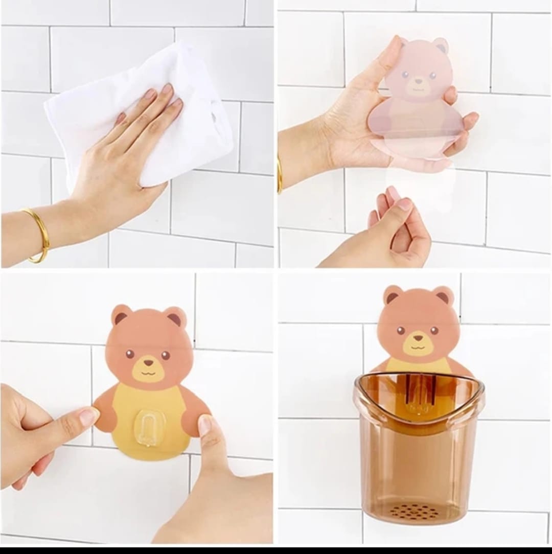 2Pcs Bear Shaped Toothbrush Holder Bathroom Cartoon Toothbrush Toothpaste Wall Suction Holder Rack Container Organizer