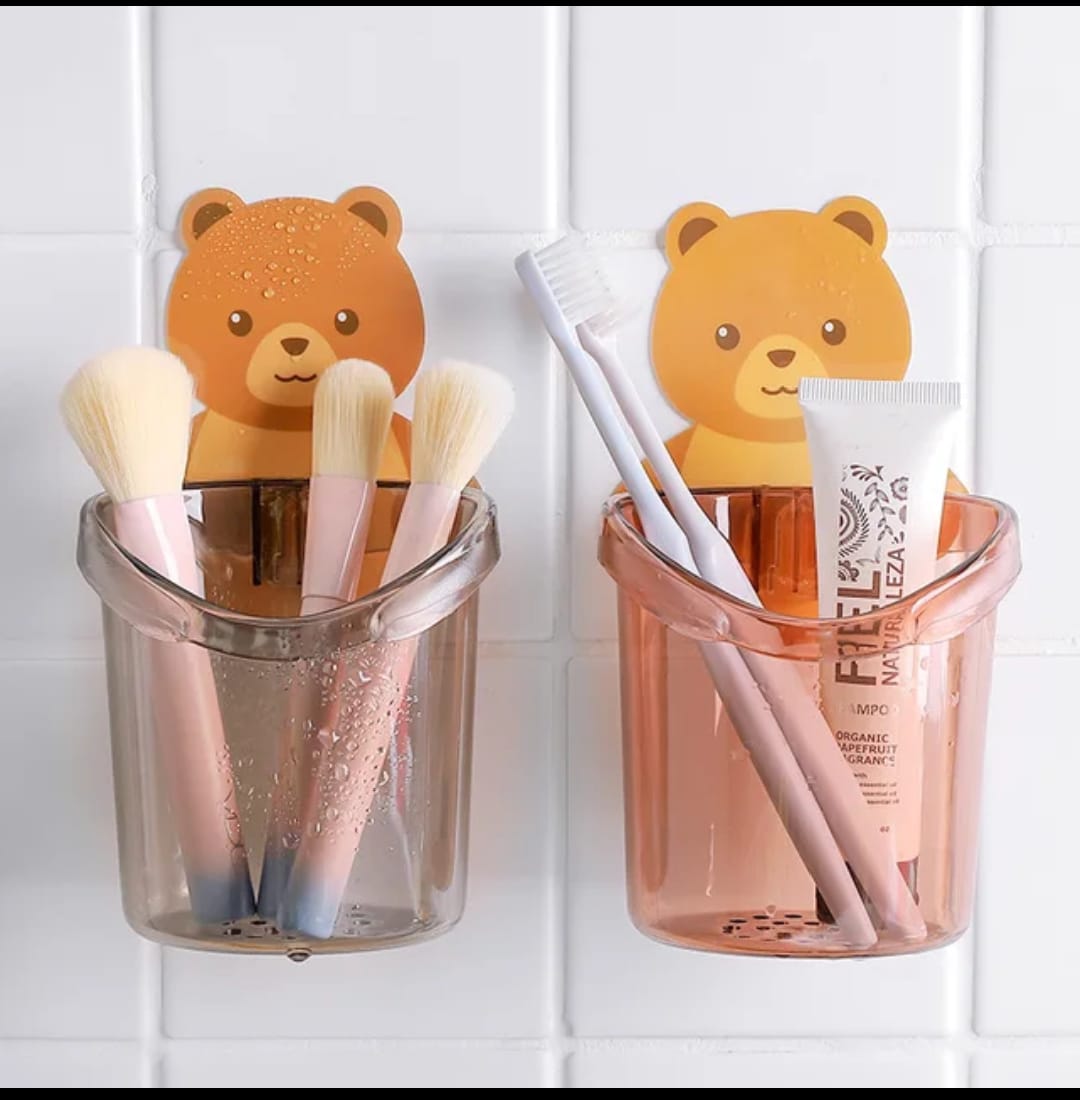 2Pcs Bear Shaped Toothbrush Holder Bathroom Cartoon Toothbrush Toothpaste Wall Suction Holder Rack Container Organizer