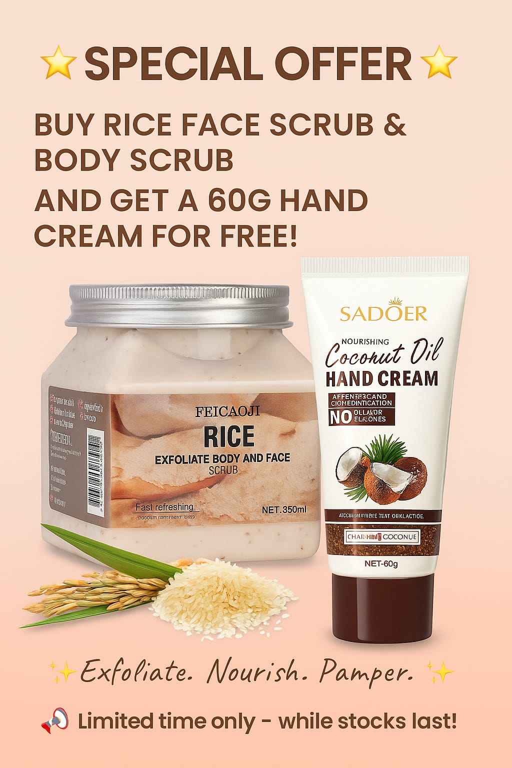 BUY  350G FACE AND BODY SCRUB GET A FREE 60G MOISTURISING COCONUT HAND CREAM FOR FREEE!!! Exfoliating,Moisturing and foaming face and body scrub for all skin types
