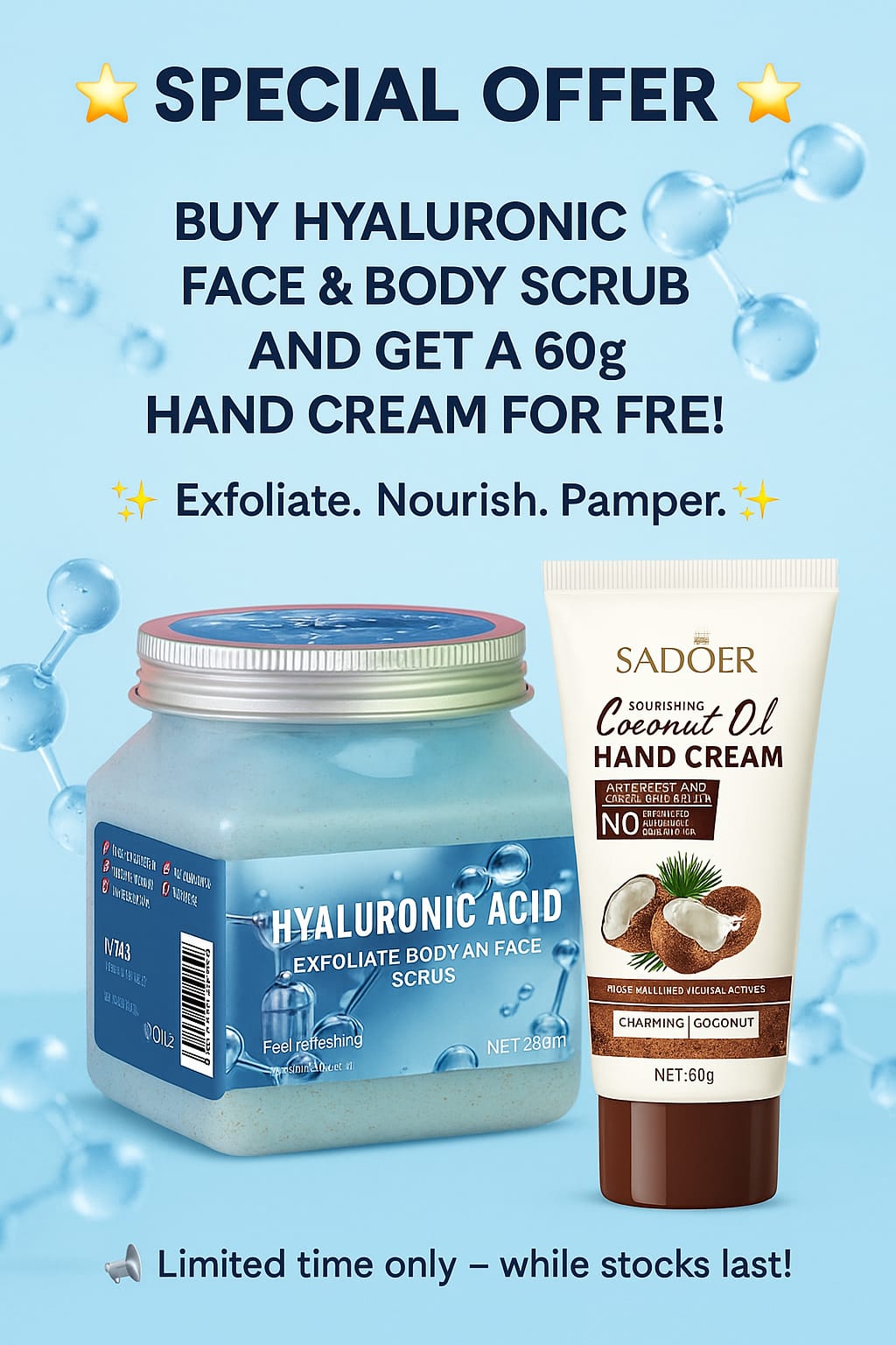 BUY  350G FACE AND BODY SCRUB GET A FREE 60G MOISTURISING COCONUT HAND CREAM FOR FREEE!!! Exfoliating,Moisturing and foaming face and body scrub for all skin types