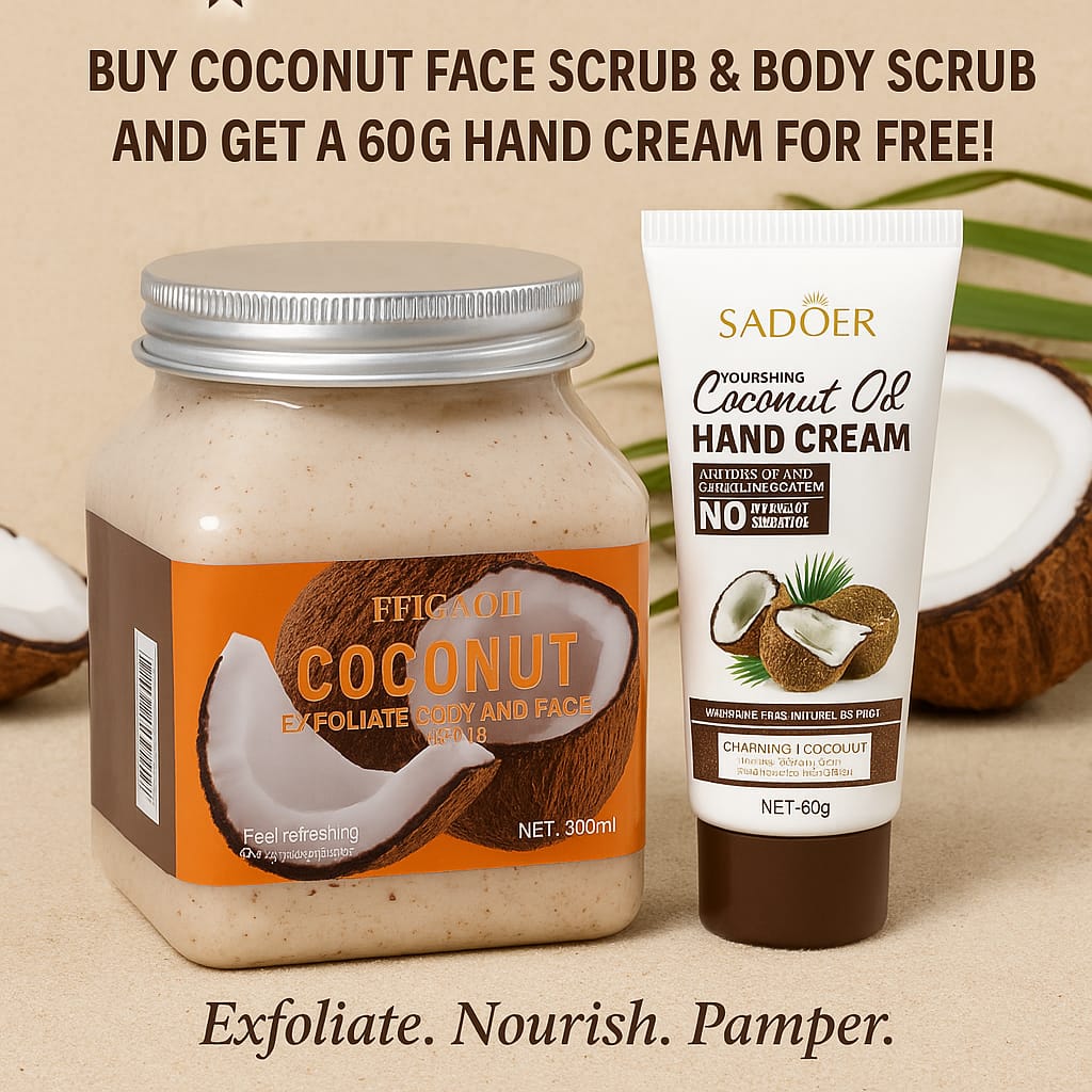 BUY  350G FACE AND BODY SCRUB GET A FREE 60G MOISTURISING COCONUT HAND CREAM FOR FREEE!!! Exfoliating,Moisturing and foaming face and body scrub for all skin types
