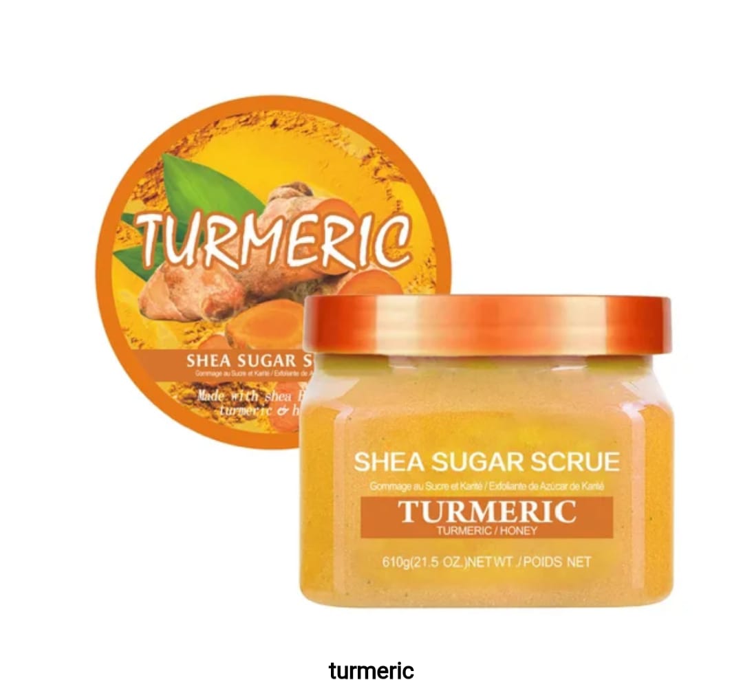 BUY A 610G EXFOLIATING TURMERIC SHEA SUGAR SCRUB AND GET A KOJIC HANDCREAM FOR FREE, MADE WITH TURMERIC SHEA BUTTER AND HONEY