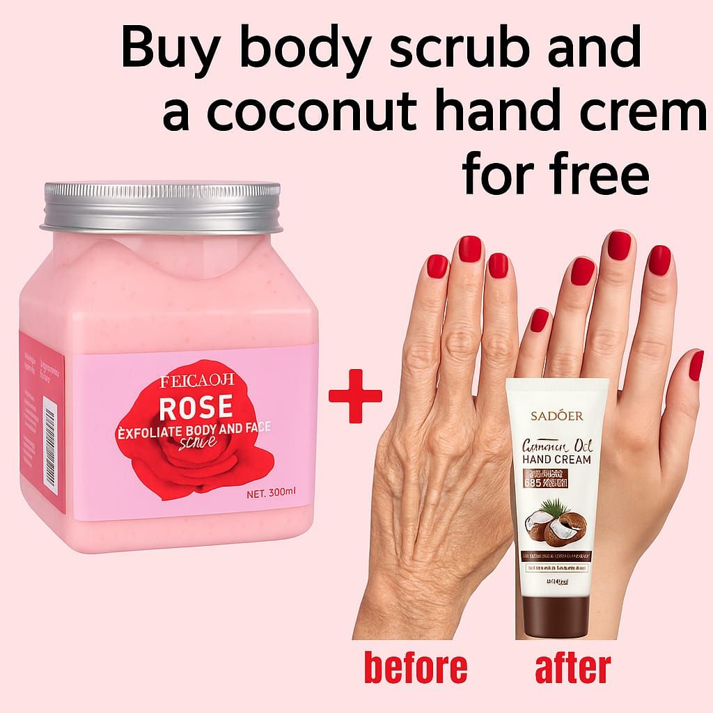 BUY  350G FACE AND BODY SCRUB GET A FREE 60G MOISTURISING COCONUT HAND CREAM FOR FREEE!!! Exfoliating,Moisturing and foaming face and body scrub for all skin types