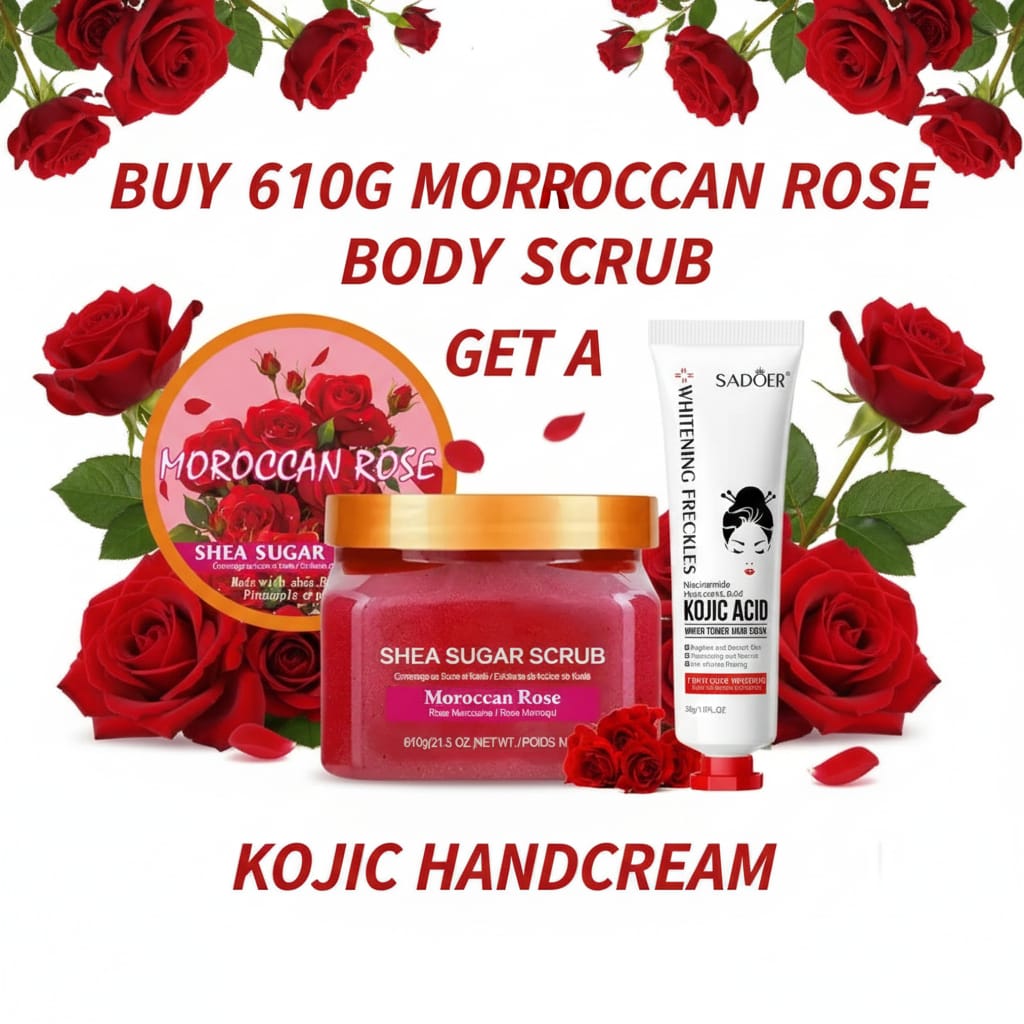 BUY 610G EXFOLIATING MOROCCAN ROSE BODY SCRUB MADE WITH SHEA BUTTER, PINEAPPLE AND PAPAYA GET A KOJIC HANDCREAM FOR FREE.