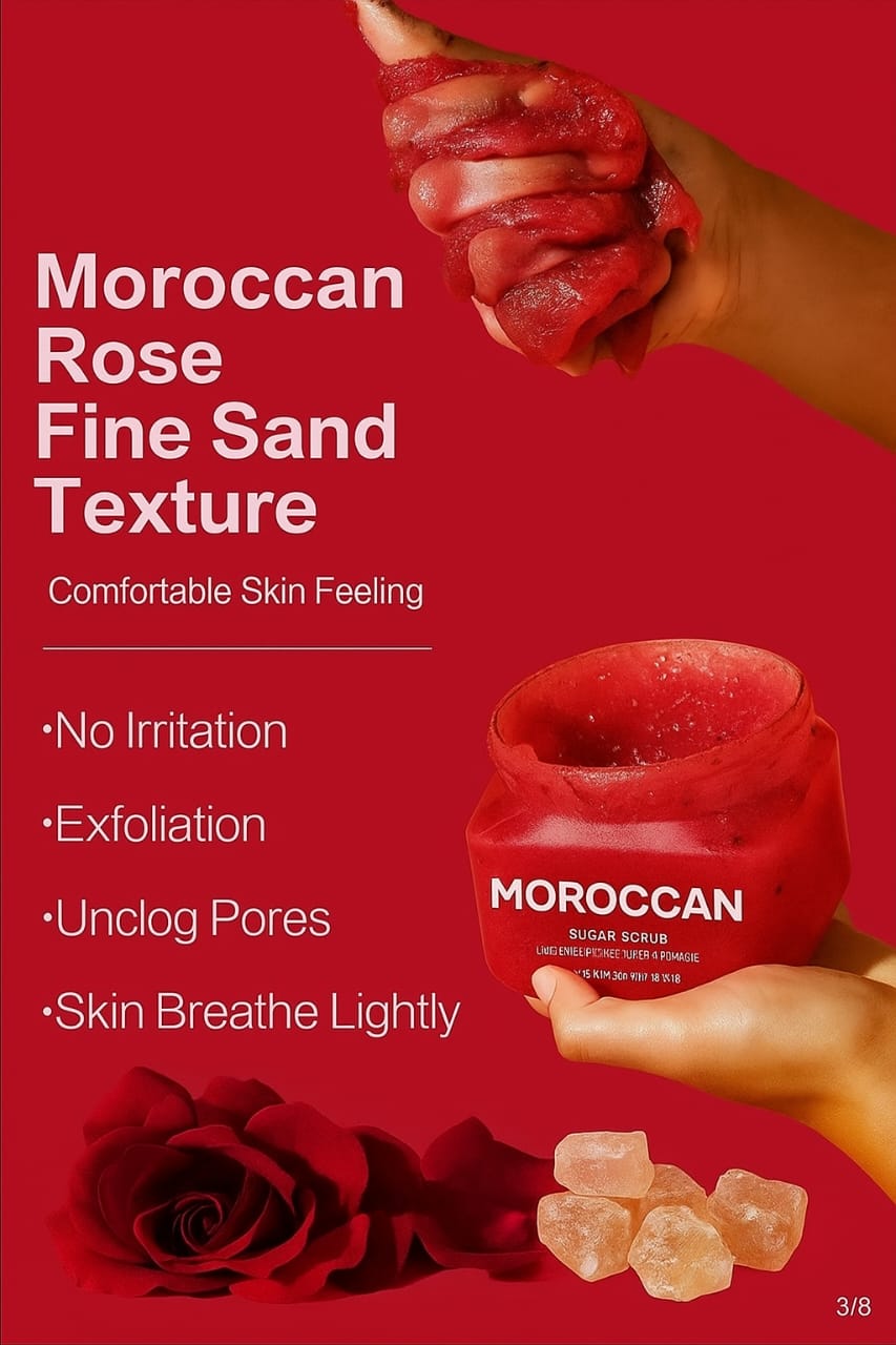 BUY 610G EXFOLIATING MOROCCAN ROSE BODY SCRUB MADE WITH SHEA BUTTER, PINEAPPLE AND PAPAYA GET A KOJIC HANDCREAM FOR FREE.