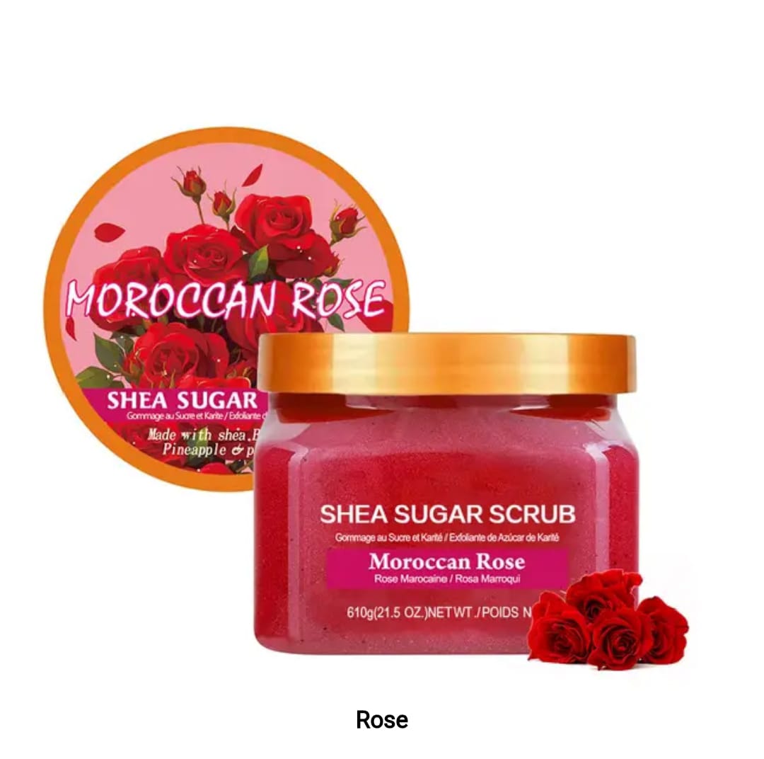 BUY 610G EXFOLIATING MOROCCAN ROSE BODY SCRUB MADE WITH SHEA BUTTER, PINEAPPLE AND PAPAYA GET A KOJIC HANDCREAM FOR FREE.