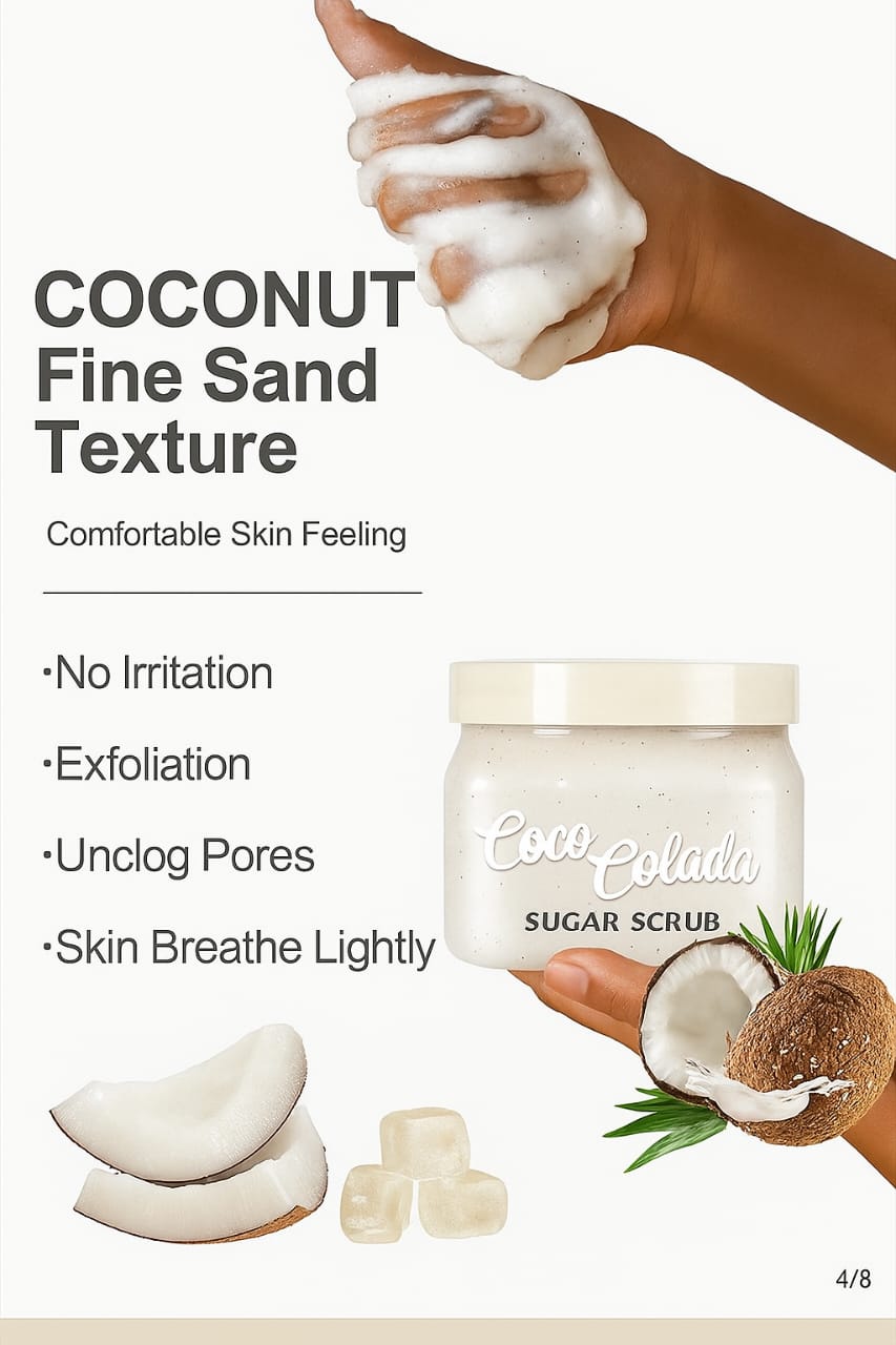 BUY 610G EXFOLIATING COCO COLADA BODY SCRUB GET A KOJIC HANDCREAM. MADE WITH SHEA BUTTER, PINEAPPLE AND COCONUT