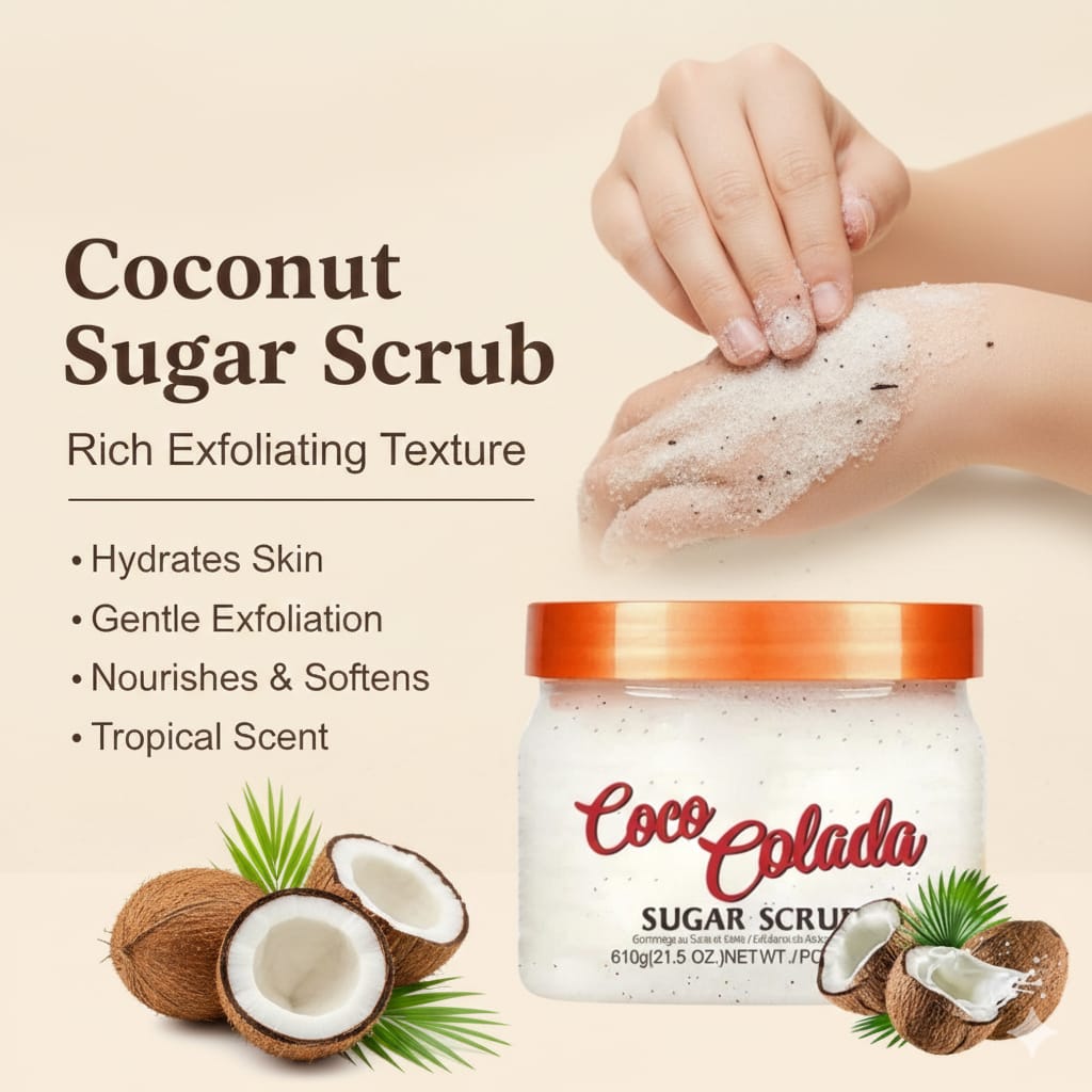 BUY 610G EXFOLIATING COCO COLADA BODY SCRUB GET A KOJIC HANDCREAM. MADE WITH SHEA BUTTER, PINEAPPLE AND COCONUT