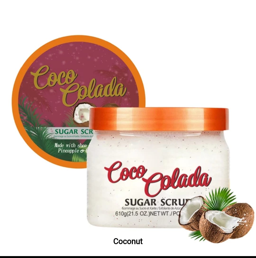 BUY 610G EXFOLIATING COCO COLADA BODY SCRUB GET A KOJIC HANDCREAM. MADE WITH SHEA BUTTER, PINEAPPLE AND COCONUT