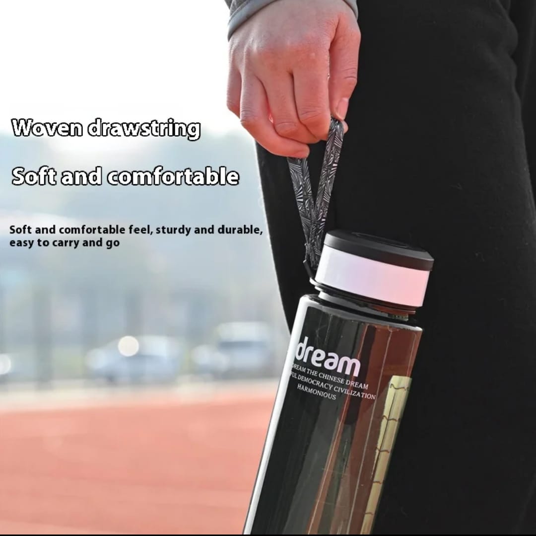 ONE LITRE BPA FREE, NON-TOXIC LEAKPROOF PORTABLE PLASTIC WATER BOTTLE SUITABLE FOR BOTH ADULT AND KIDS. - WITH TIME MARKER AND BRAIDED ROPE DRAWSTRING. FOR GYM, OFFICE, TRAVEL, AND OUTDOOR