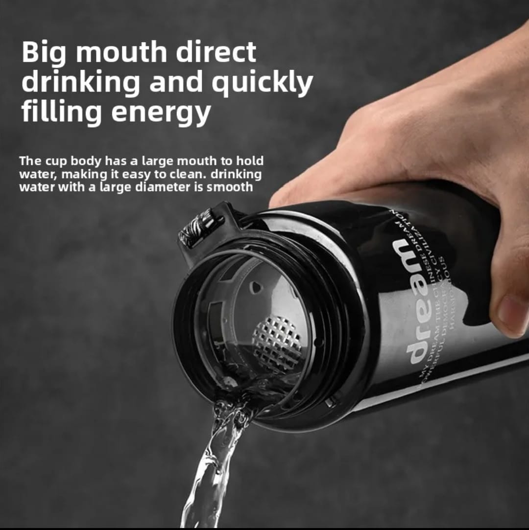 ONE LITRE BPA FREE, NON-TOXIC LEAKPROOF PORTABLE PLASTIC WATER BOTTLE SUITABLE FOR BOTH ADULT AND KIDS. - WITH TIME MARKER AND BRAIDED ROPE DRAWSTRING. FOR GYM, OFFICE, TRAVEL, AND OUTDOOR