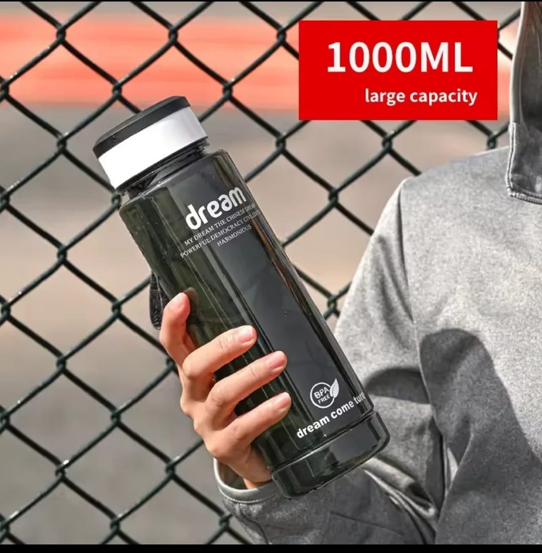 ONE LITRE BPA FREE, NON-TOXIC LEAKPROOF PORTABLE PLASTIC WATER BOTTLE SUITABLE FOR BOTH ADULT AND KIDS. - WITH TIME MARKER AND BRAIDED ROPE DRAWSTRING. FOR GYM, OFFICE, TRAVEL, AND OUTDOOR