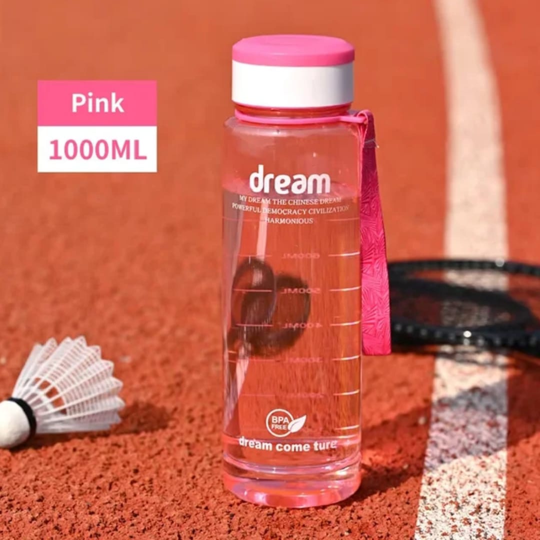ONE LITRE BPA FREE, NON-TOXIC LEAKPROOF PORTABLE PLASTIC WATER BOTTLE SUITABLE FOR BOTH ADULT AND KIDS. - WITH TIME MARKER AND BRAIDED ROPE DRAWSTRING. FOR GYM, OFFICE, TRAVEL, AND OUTDOOR