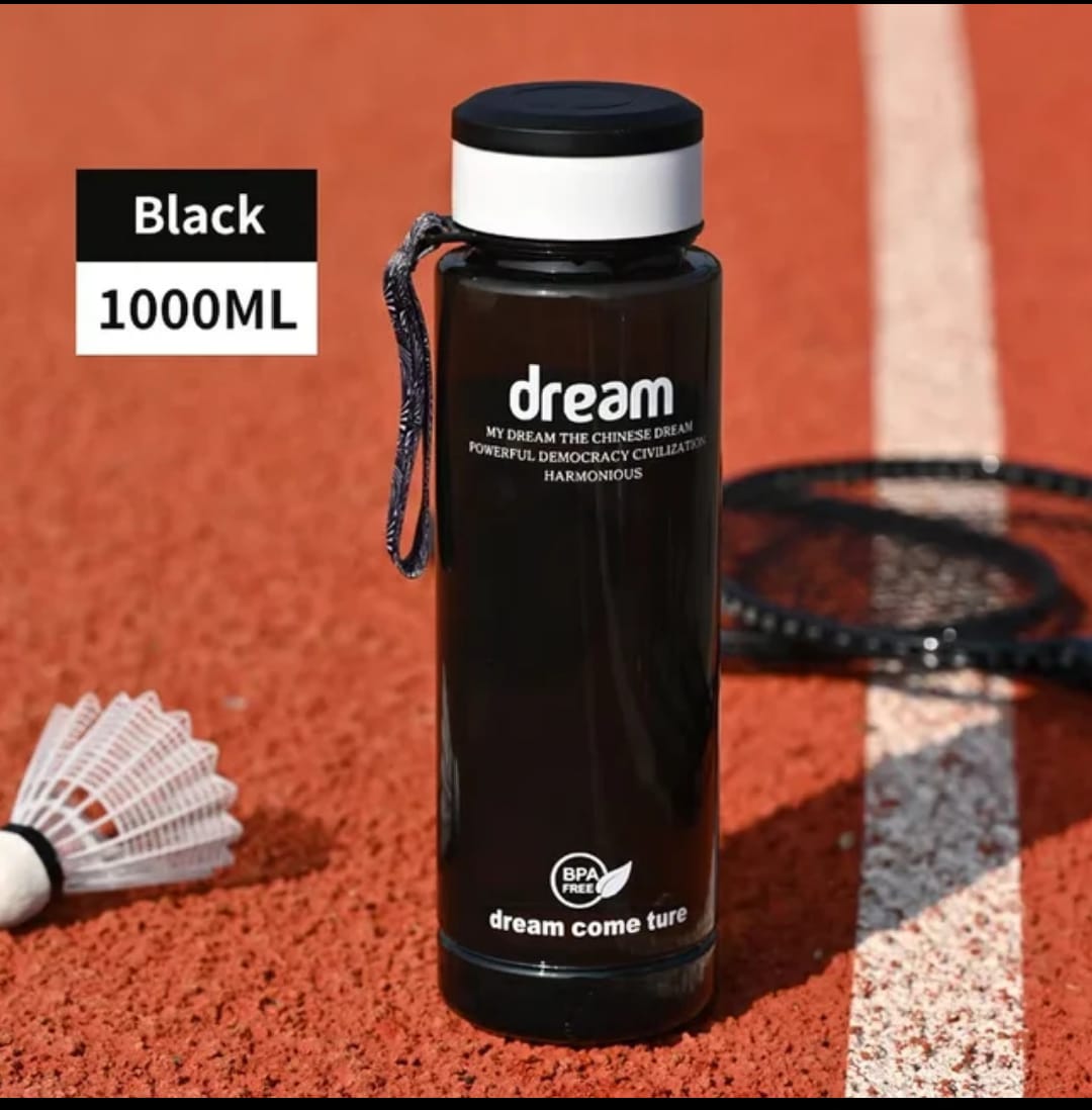 ONE LITRE BPA FREE, NON-TOXIC LEAKPROOF PORTABLE PLASTIC WATER BOTTLE SUITABLE FOR BOTH ADULT AND KIDS. - WITH TIME MARKER AND BRAIDED ROPE DRAWSTRING. FOR GYM, OFFICE, TRAVEL, AND OUTDOOR