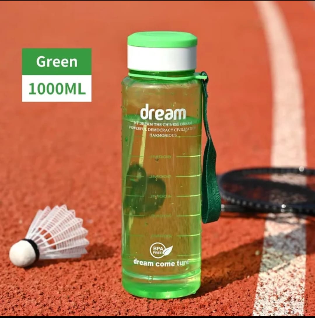 ONE LITRE BPA FREE, NON-TOXIC LEAKPROOF PORTABLE PLASTIC WATER BOTTLE SUITABLE FOR BOTH ADULT AND KIDS. - WITH TIME MARKER AND BRAIDED ROPE DRAWSTRING. FOR GYM, OFFICE, TRAVEL, AND OUTDOOR