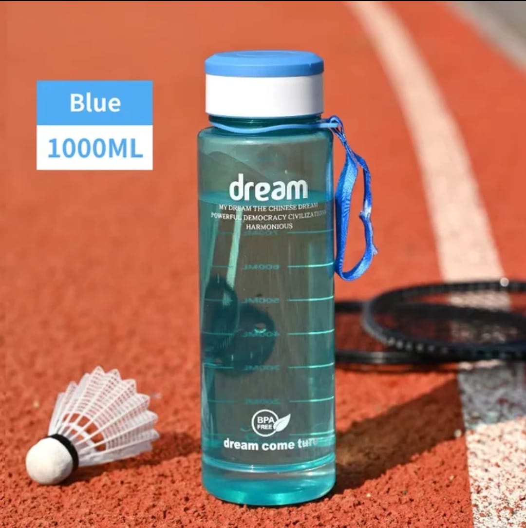 ONE LITRE BPA FREE, NON-TOXIC LEAKPROOF PORTABLE PLASTIC WATER BOTTLE SUITABLE FOR BOTH ADULT AND KIDS. - WITH TIME MARKER AND BRAIDED ROPE DRAWSTRING. FOR GYM, OFFICE, TRAVEL, AND OUTDOOR