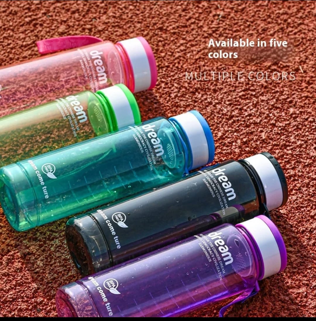 ONE LITRE BPA FREE, NON-TOXIC LEAKPROOF PORTABLE PLASTIC WATER BOTTLE SUITABLE FOR BOTH ADULT AND KIDS. - WITH TIME MARKER AND BRAIDED ROPE DRAWSTRING. FOR GYM, OFFICE, TRAVEL, AND OUTDOOR