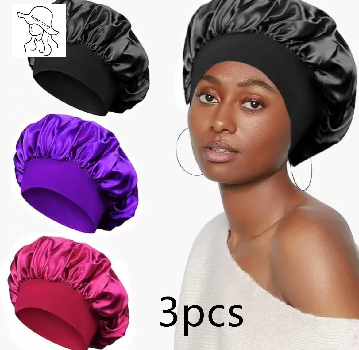 3PCS  Women's hats  silk headscarves   sleep elastic broadband silk sleep caps  breathable hair covers   sleep bandanas