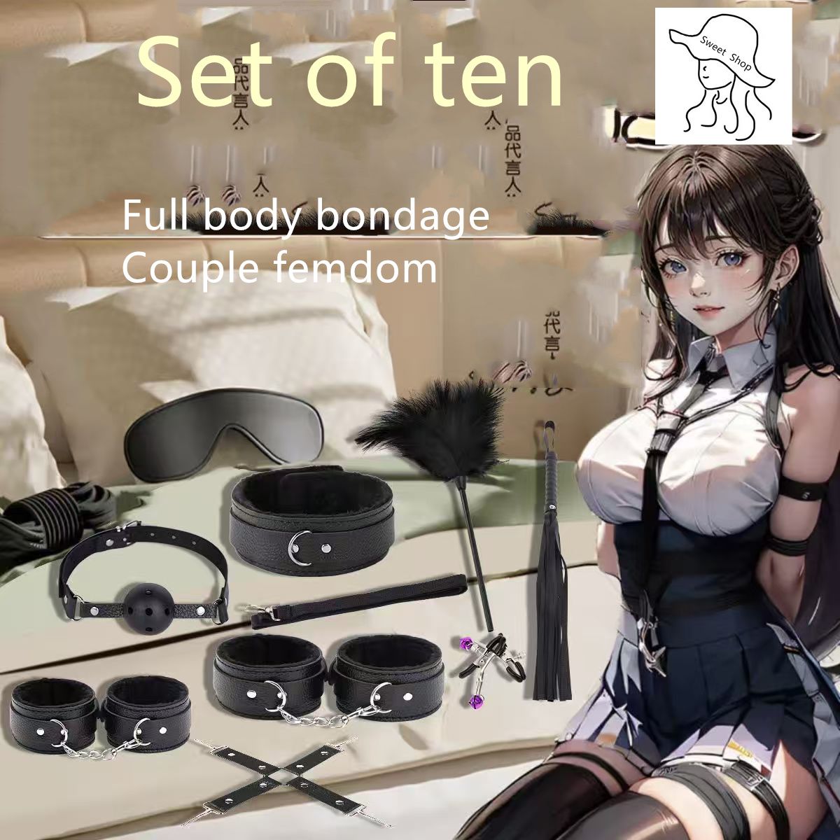 10pcs SM Bondage Restraint Set suitable for couples  Masturba Sex Toy couples  women  plush handcuff bondage kit   adult toys and games  with eye mask  leather whip  nipple clamp and other accessories