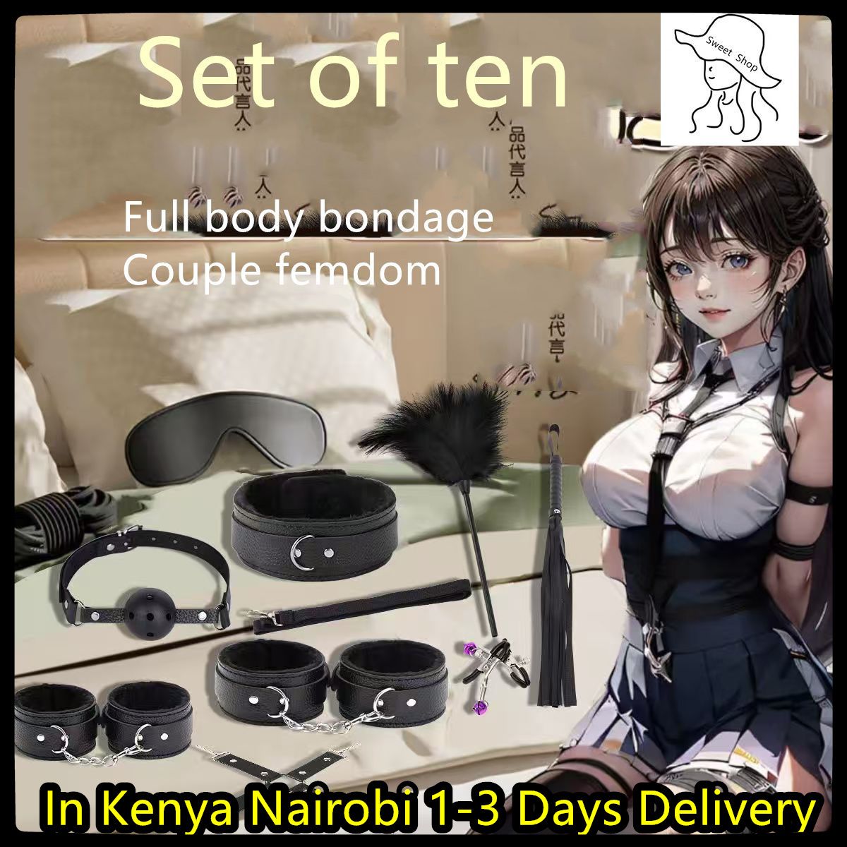 10pcs SM Bondage Restraint Set suitable for couples  Masturba Sex Toy couples  women  plush handcuff bondage kit   adult toys and games  with eye mask  leather whip  nipple clamp and other accessories