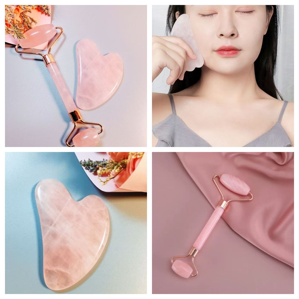 2pcs/set  Pink Roller  Massager   Resin Guasha Scraping Board Facial Skin Care guasha massage for face Scraper SPA Massager Acupuncture Tools Lifting and Firming Anti-Wrinkle  Facial Roller