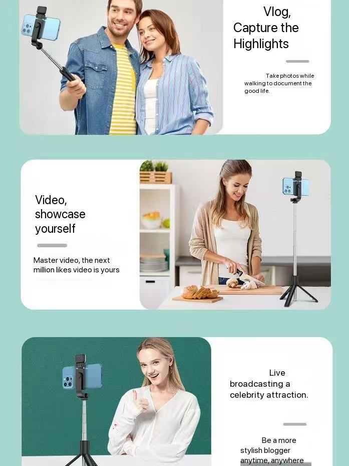 R1/R1S/ R1S-L  Phone desktop stand  Bluetooth selfie stick 3in1 phones tripod stand fill light telescopic selfie stick wireless remote control tripod Bluetooth live streaming mobile   phone holder