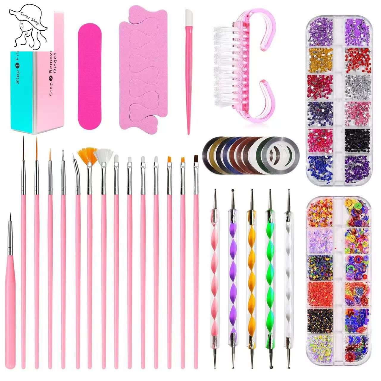 Nail stickers manicure tools   Nail art kit Nail art tool set  nail brush  nail file  glitter  drill pen  multifunctional color set  nail Art Brushes