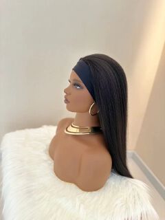 Synthetic Yaki Kinky Straight Wigs  with headband - 28 inch 1B Black & Adjustable Headband & Natural Look(African Women, wigs for ladies, Protective Style, Quick Install, Realis, Birthday Gift)