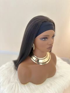 Synthetic Yaki Kinky Straight Wigs  with headband - 28 inch 1B Black & Adjustable Headband & Natural Look(African Women, wigs for ladies, Protective Style, Quick Install, Realis, Birthday Gift)