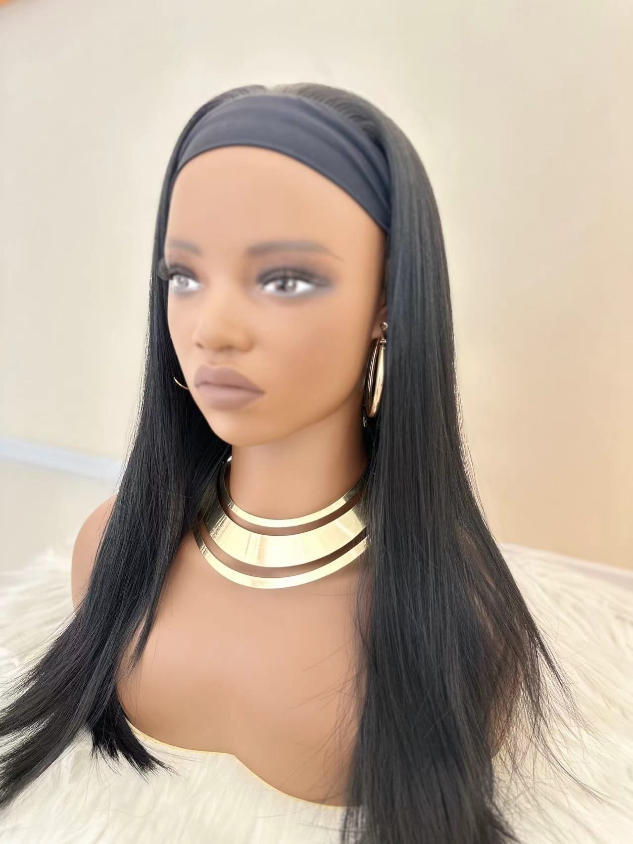 Synthetic Long Straight Synthetic Wigs with headband - 24 Inch Black | Natural Look Soft and shiny (African Women, Quick Install, Birthday Gift,Lightweight)