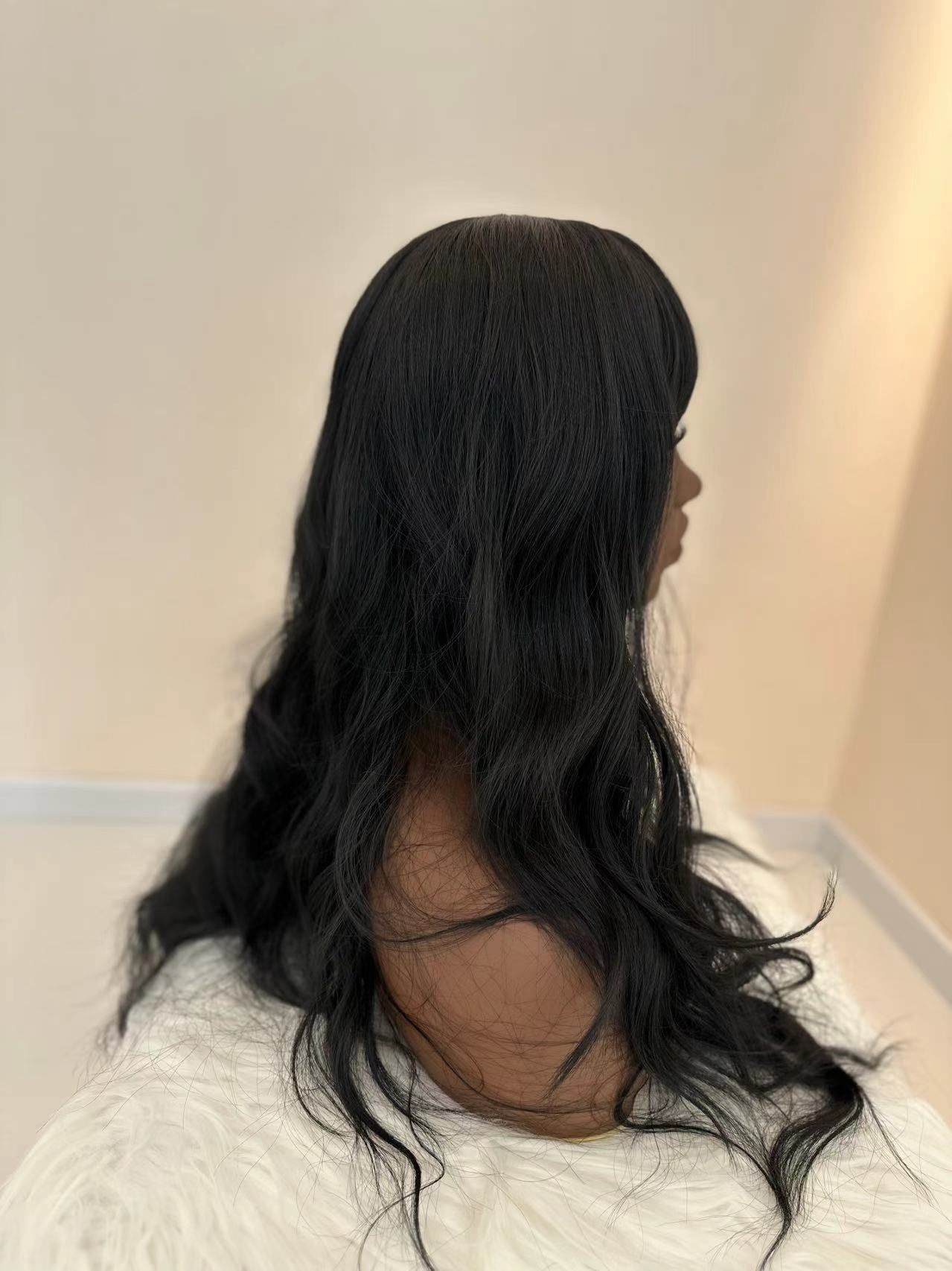 Synthetic Body Wave Wigs - 26 Inch 1B Black | Blunt Bangs & Natural Curls (African Women, Quick Install, Birthday Gift)