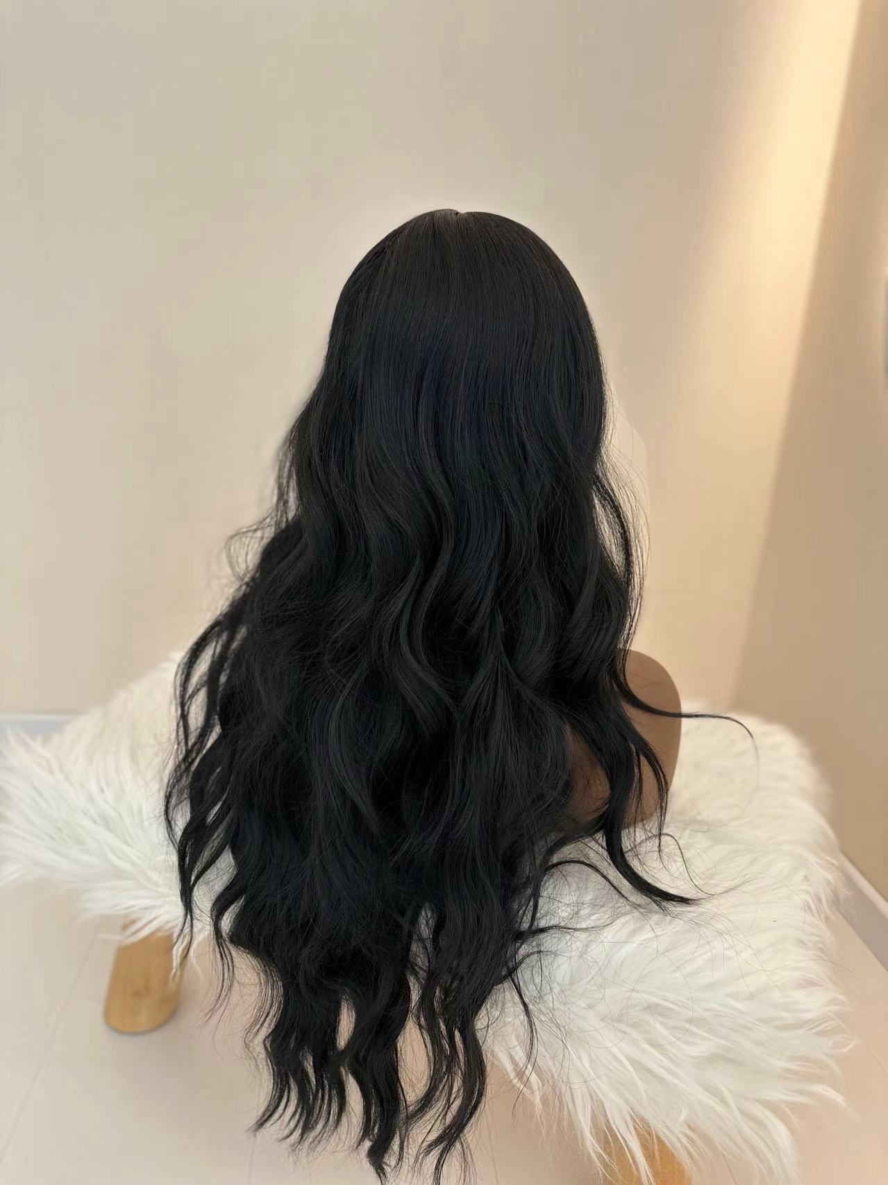 Synthetic Body Wave Wigs - 26 Inch 1B Black | Blunt Bangs & Natural Curls (African Women, Quick Install, Birthday Gift)