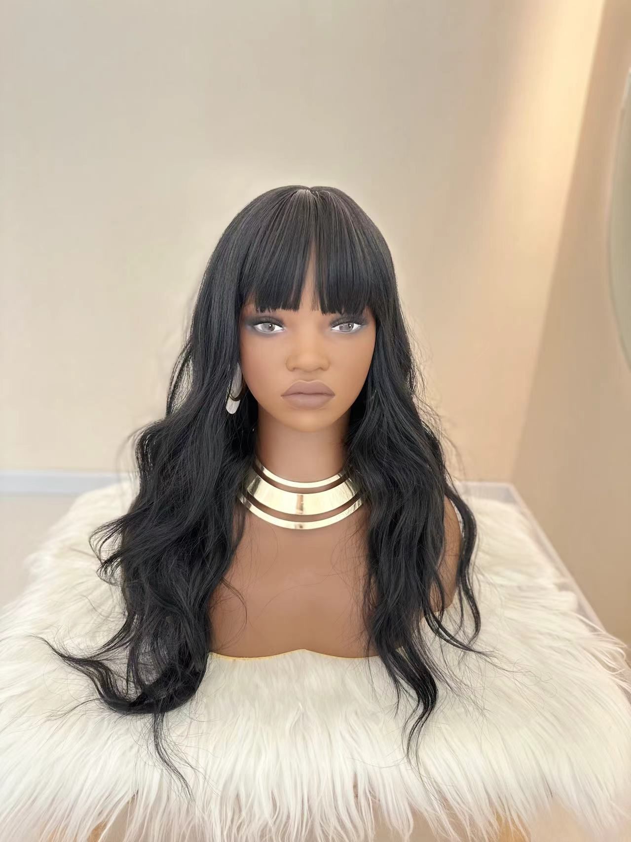 Synthetic Body Wave Wigs - 26 Inch 1B Black | Blunt Bangs & Natural Curls (African Women, Quick Install, Birthday Gift)