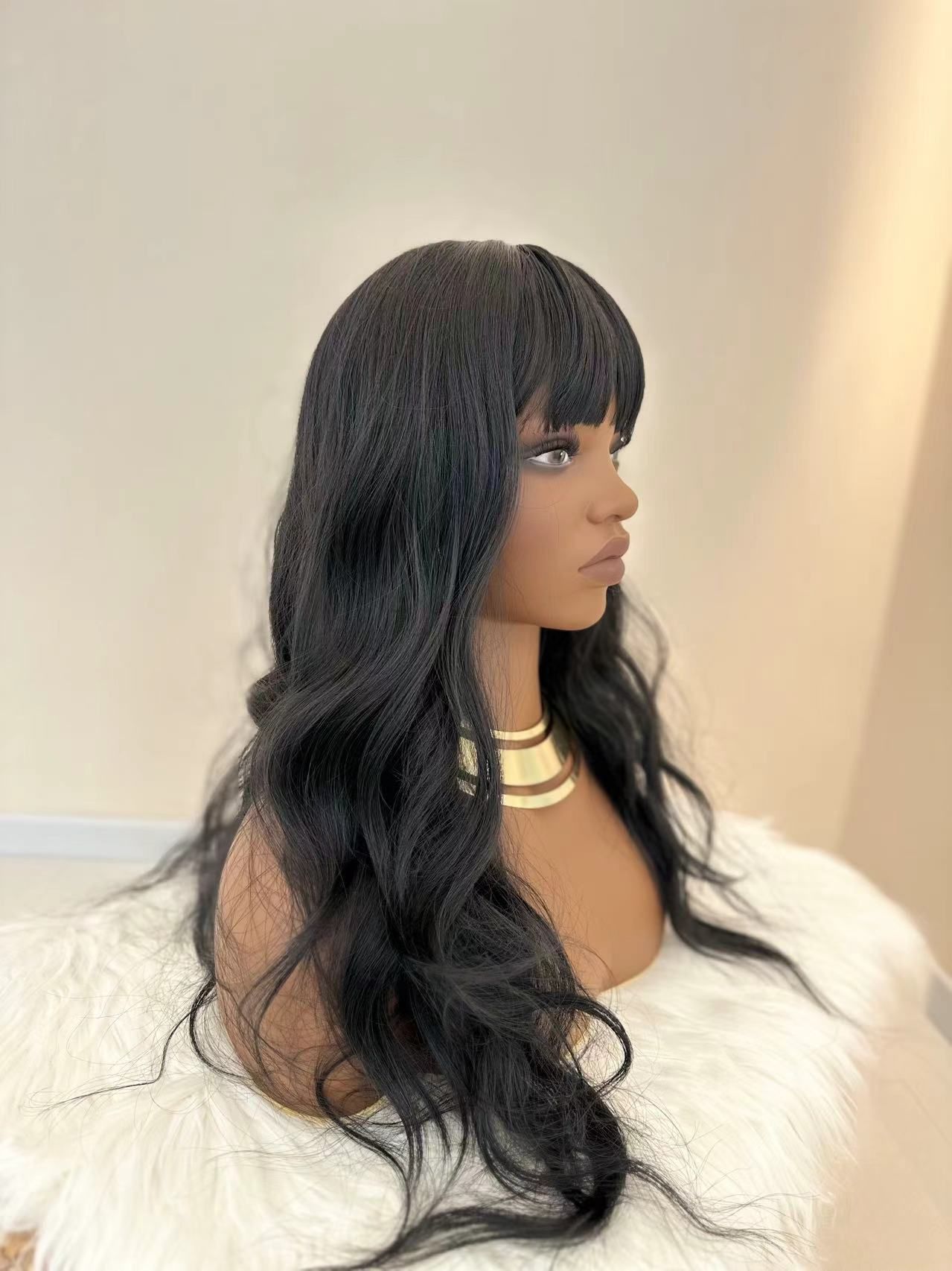 Synthetic Body Wave Wigs - 26 Inch 1B Black | Blunt Bangs & Natural Curls (African Women, Quick Install, Birthday Gift)