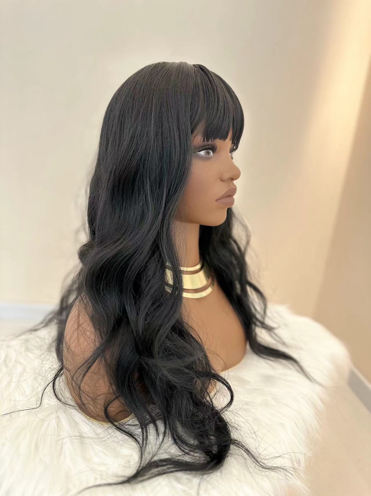 Synthetic Body Wave Wigs - 26 Inch 1B Black | Blunt Bangs & Natural Curls (African Women, Quick Install, Birthday Gift)
